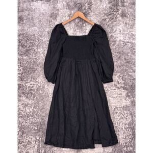 J Crew Dress XS Womens Black Linen Square Neck Smocked Puff Sleeve Midi